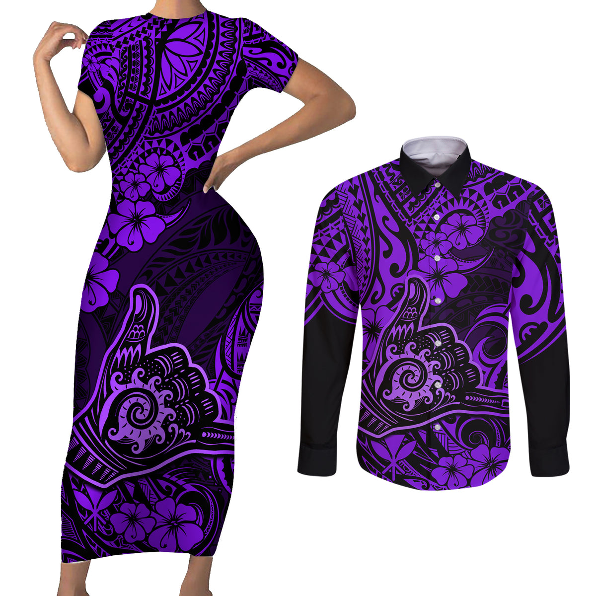 Hawaii Shaka Sign Couples Matching Short Sleeve Bodycon Dress and Long Sleeve Button Shirts Polynesian Pattern Purple Version - Wonder Print Shop
