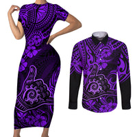Hawaii Shaka Sign Couples Matching Short Sleeve Bodycon Dress and Long Sleeve Button Shirts Polynesian Pattern Purple Version - Wonder Print Shop