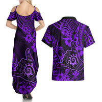 Hawaii Shaka Sign Couples Matching Summer Maxi Dress and Hawaiian Shirt Polynesian Pattern Purple Version - Wonder Print Shop