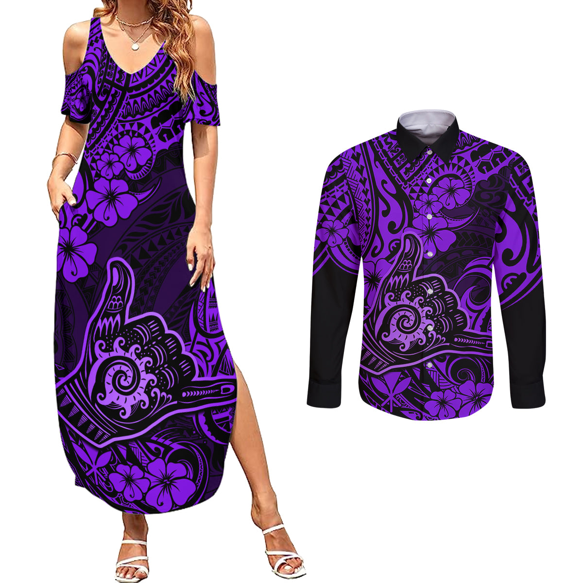 Hawaii Shaka Sign Couples Matching Summer Maxi Dress and Long Sleeve Button Shirts Polynesian Pattern Purple Version - Wonder Print Shop