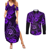 Hawaii Shaka Sign Couples Matching Summer Maxi Dress and Long Sleeve Button Shirts Polynesian Pattern Purple Version - Wonder Print Shop