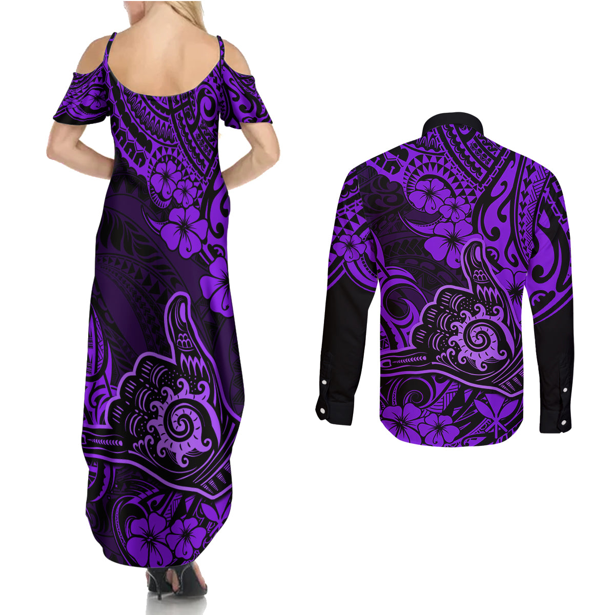 Hawaii Shaka Sign Couples Matching Summer Maxi Dress and Long Sleeve Button Shirts Polynesian Pattern Purple Version - Wonder Print Shop