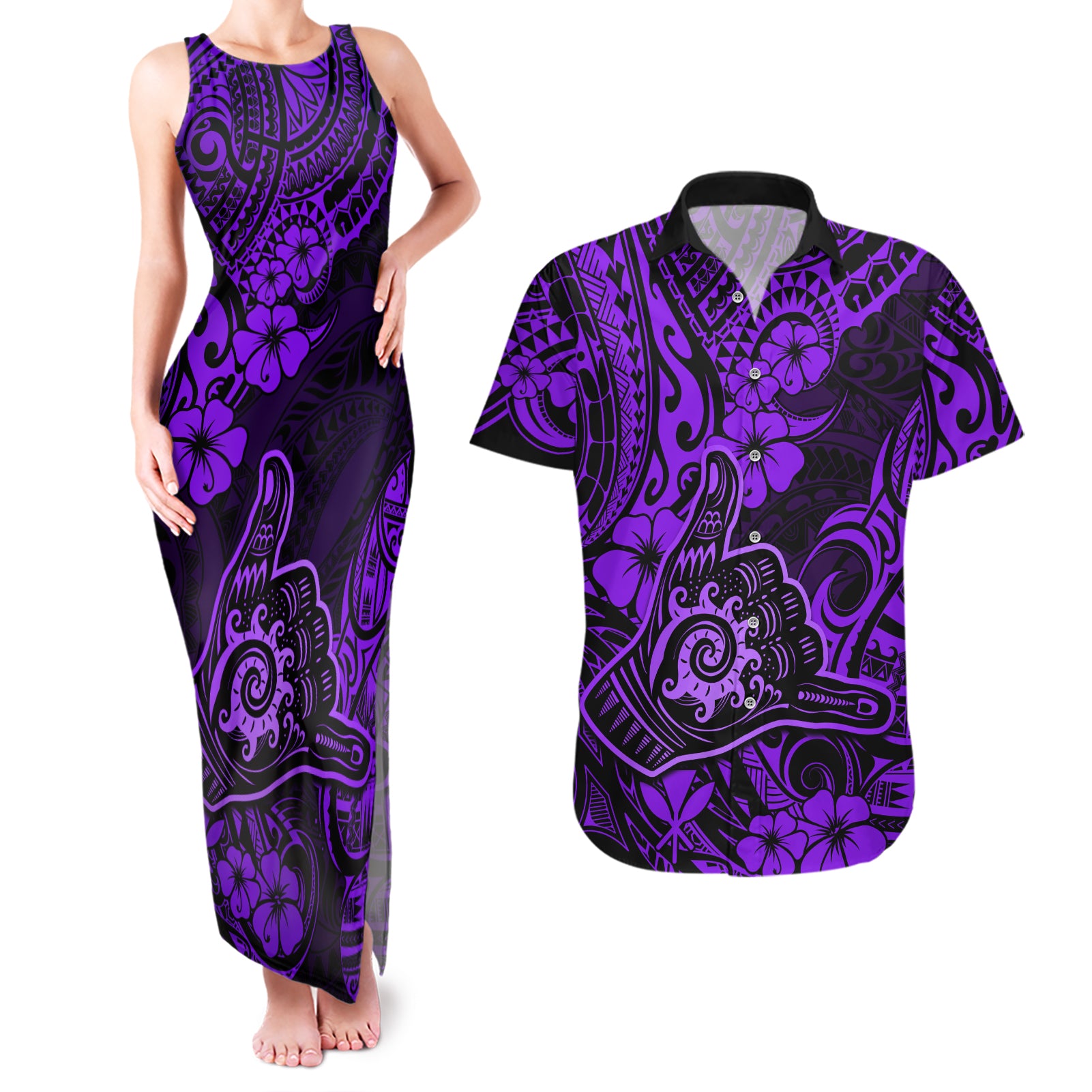 Hawaii Shaka Sign Couples Matching Tank Maxi Dress and Hawaiian Shirt Polynesian Pattern Purple Version - Wonder Print Shop