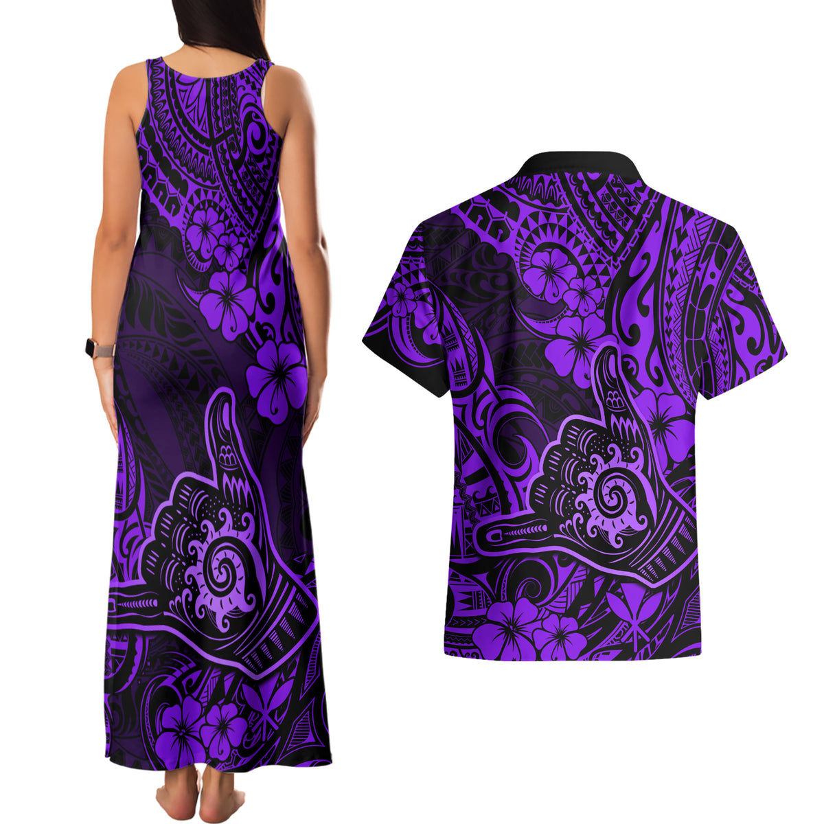 Hawaii Shaka Sign Couples Matching Tank Maxi Dress and Hawaiian Shirt Polynesian Pattern Purple Version - Wonder Print Shop