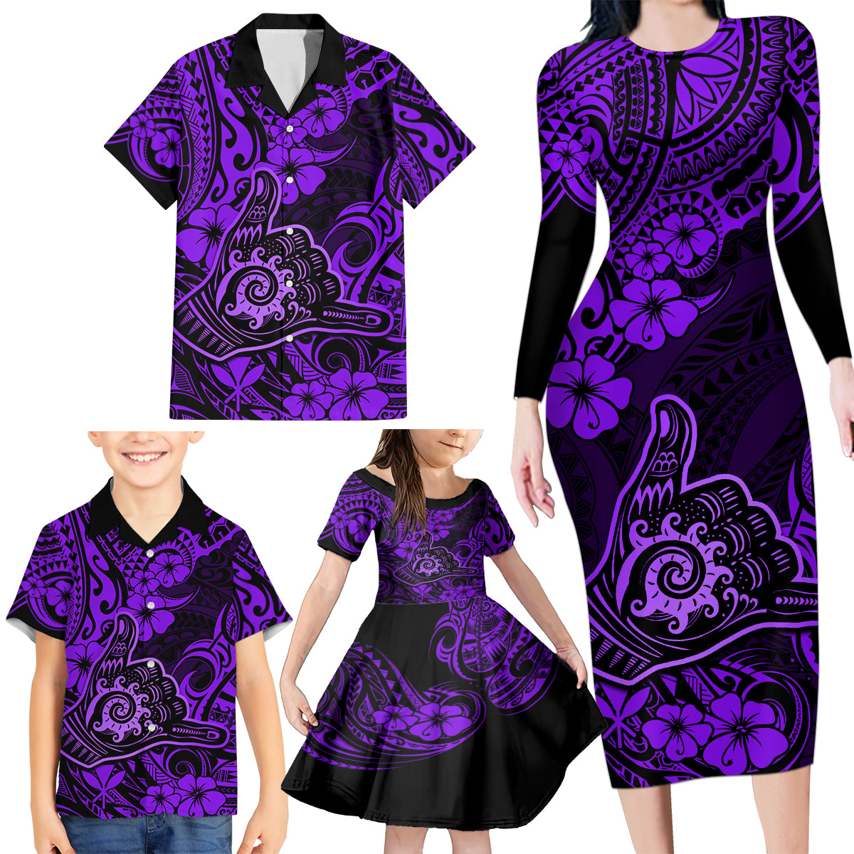 Hawaii Shaka Sign Family Matching Long Sleeve Bodycon Dress and Hawaiian Shirt Polynesian Pattern Purple Version - Wonder Print Shop