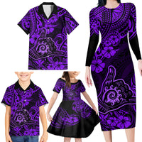 Hawaii Shaka Sign Family Matching Long Sleeve Bodycon Dress and Hawaiian Shirt Polynesian Pattern Purple Version - Wonder Print Shop