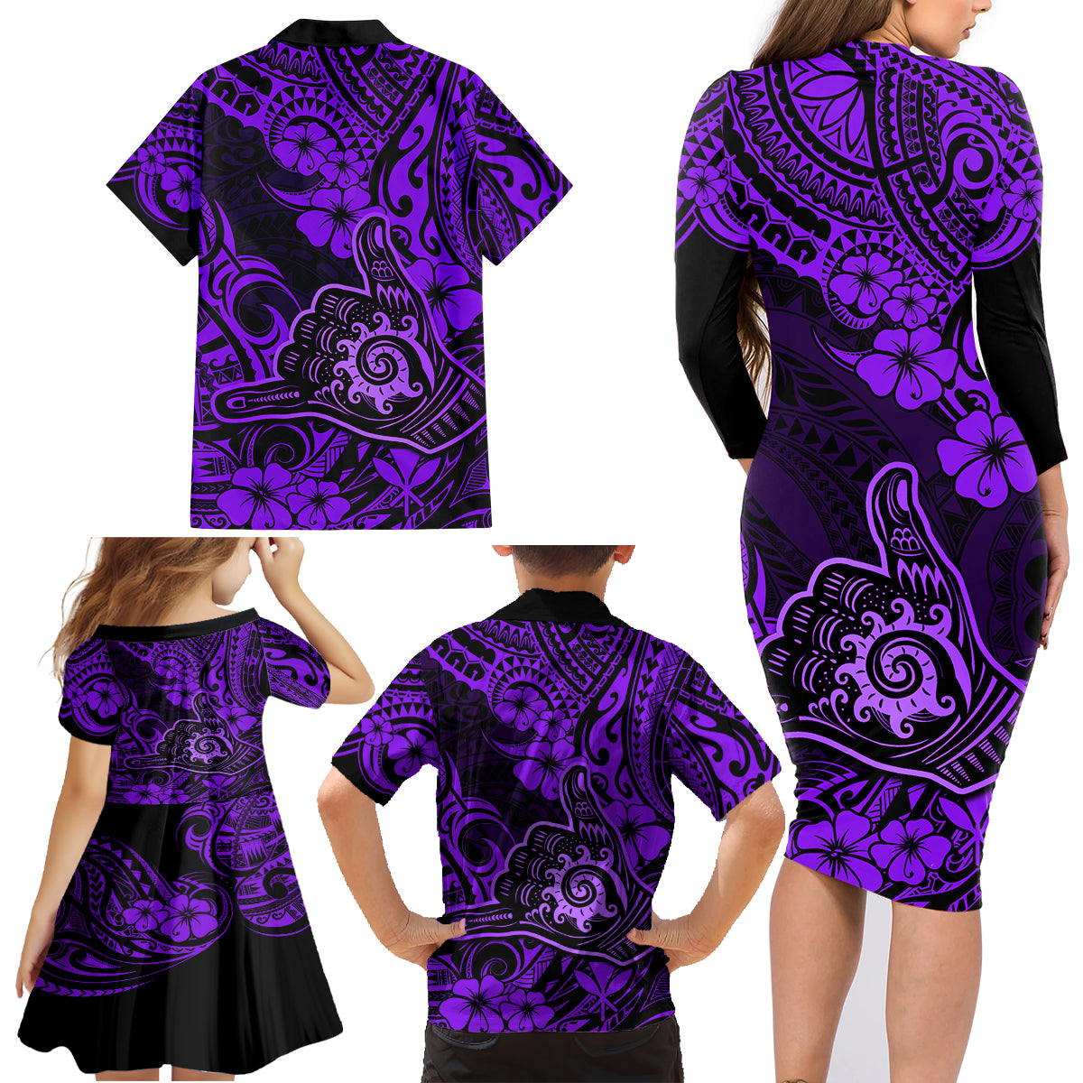Hawaii Shaka Sign Family Matching Long Sleeve Bodycon Dress and Hawaiian Shirt Polynesian Pattern Purple Version - Wonder Print Shop