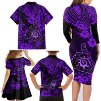 Hawaii Shaka Sign Family Matching Long Sleeve Bodycon Dress and Hawaiian Shirt Polynesian Pattern Purple Version - Wonder Print Shop