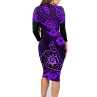 Hawaii Shaka Sign Family Matching Long Sleeve Bodycon Dress and Hawaiian Shirt Polynesian Pattern Purple Version - Wonder Print Shop