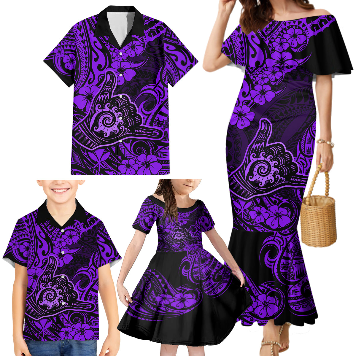 Hawaii Shaka Sign Family Matching Mermaid Dress and Hawaiian Shirt Polynesian Pattern Purple Version - Wonder Print Shop