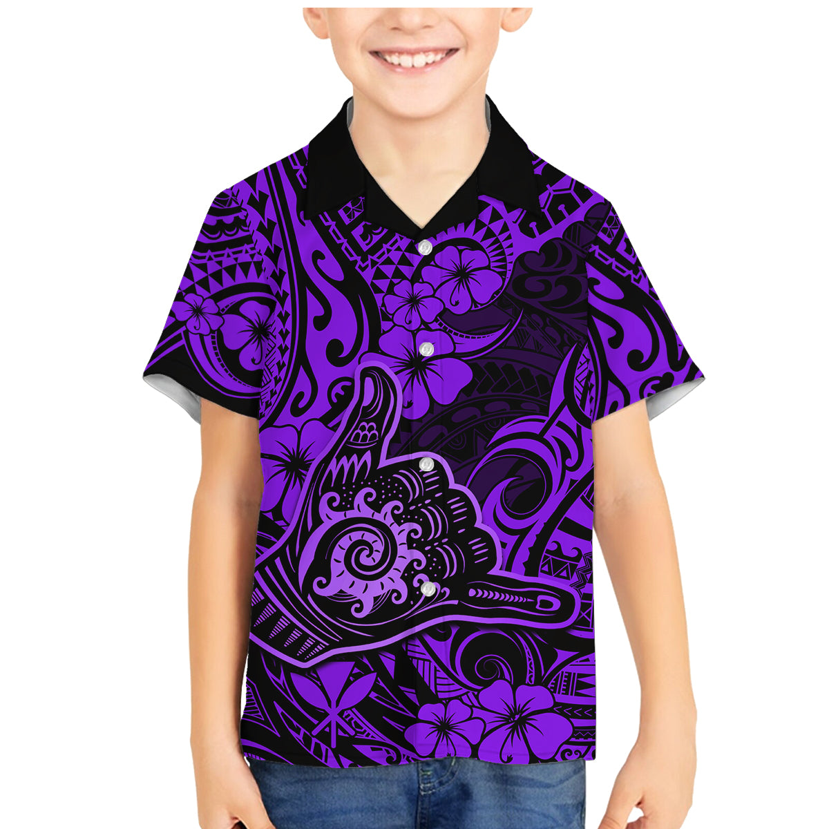 Hawaii Shaka Sign Family Matching Mermaid Dress and Hawaiian Shirt Polynesian Pattern Purple Version - Wonder Print Shop
