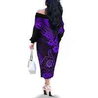 Hawaii Shaka Sign Family Matching Off Shoulder Long Sleeve Dress and Hawaiian Shirt Polynesian Pattern Purple Version - Wonder Print Shop