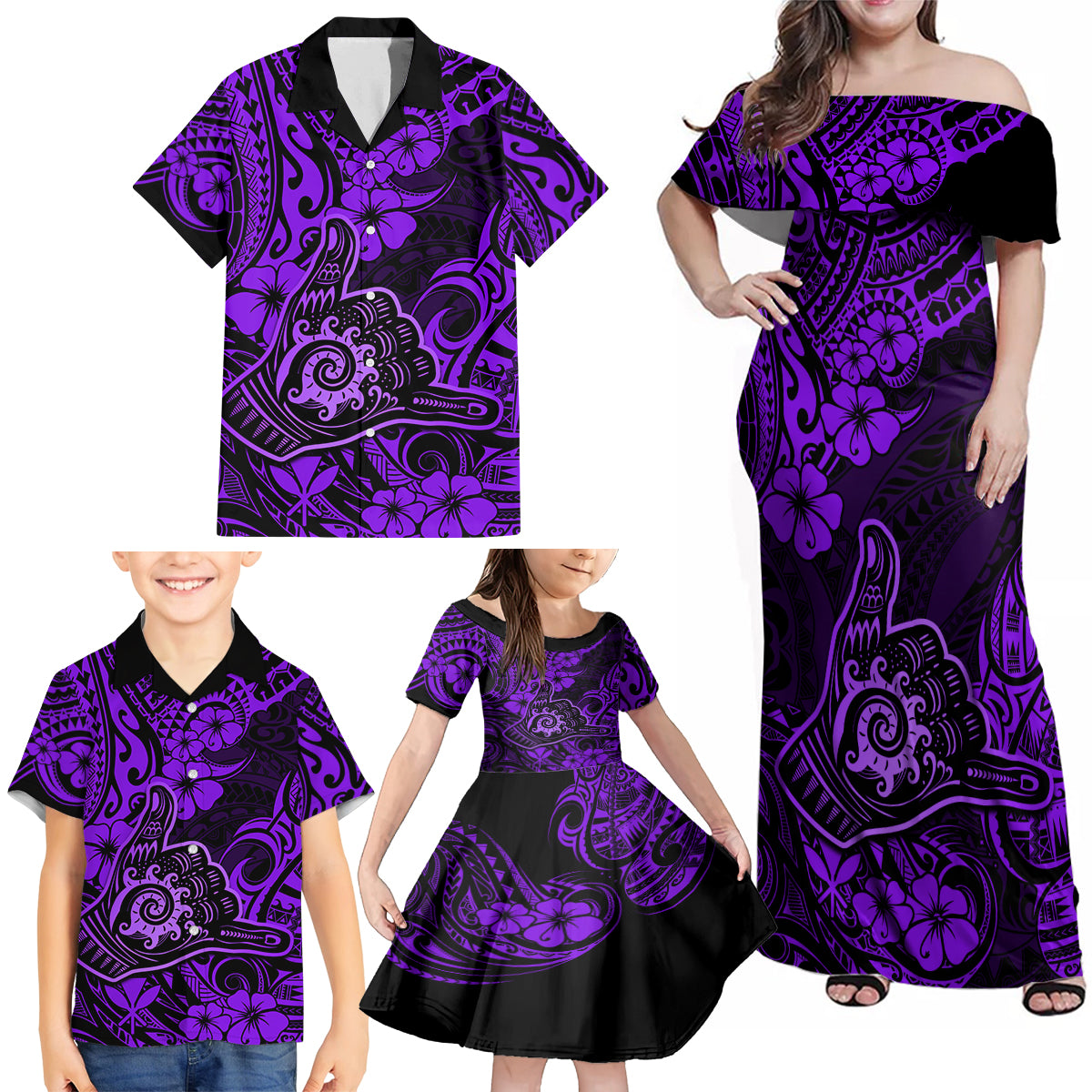 Hawaii Shaka Sign Family Matching Off Shoulder Maxi Dress and Hawaiian Shirt Polynesian Pattern Purple Version - Wonder Print Shop