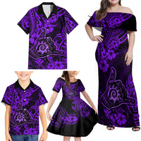 Hawaii Shaka Sign Family Matching Off Shoulder Maxi Dress and Hawaiian Shirt Polynesian Pattern Purple Version - Wonder Print Shop