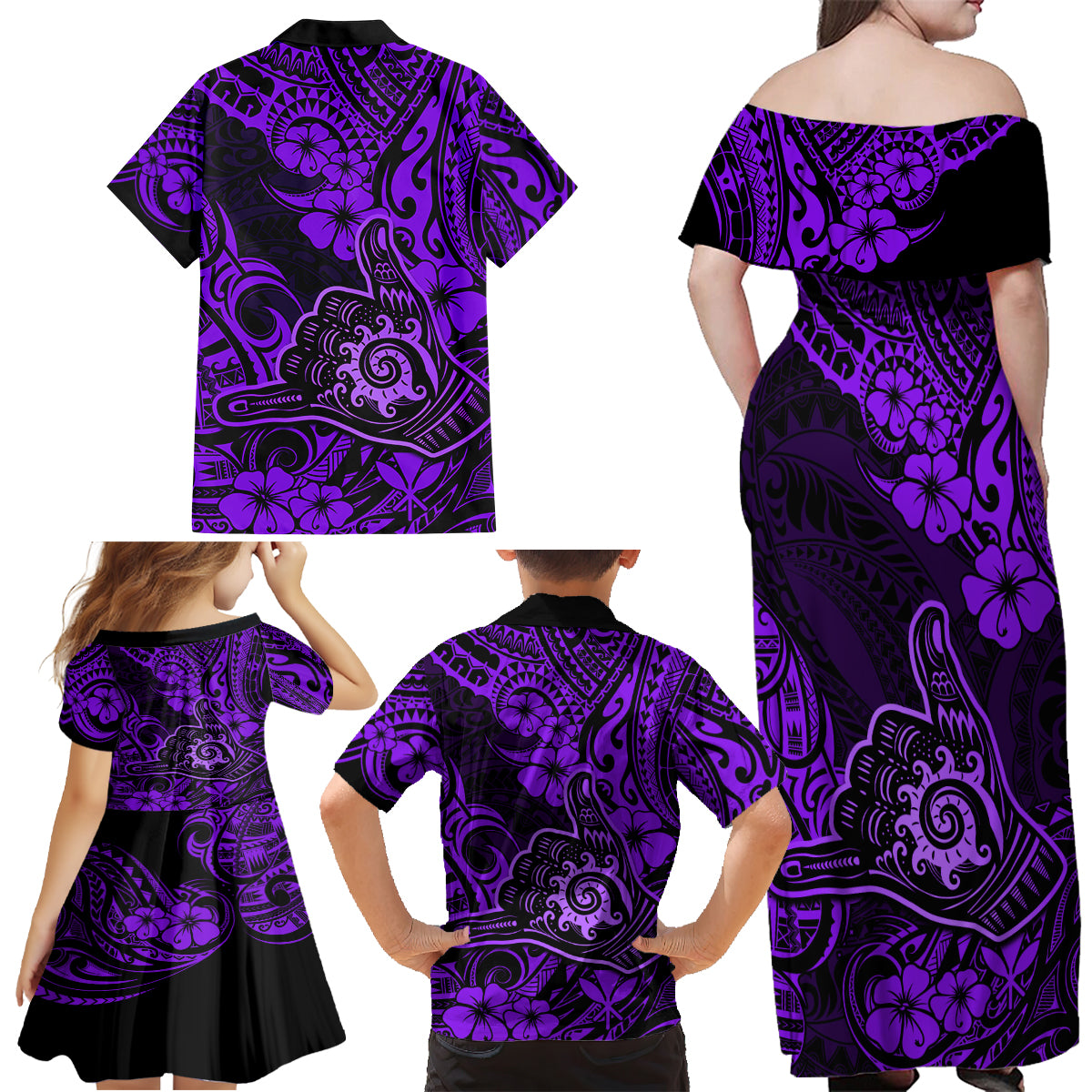 Hawaii Shaka Sign Family Matching Off Shoulder Maxi Dress and Hawaiian Shirt Polynesian Pattern Purple Version - Wonder Print Shop