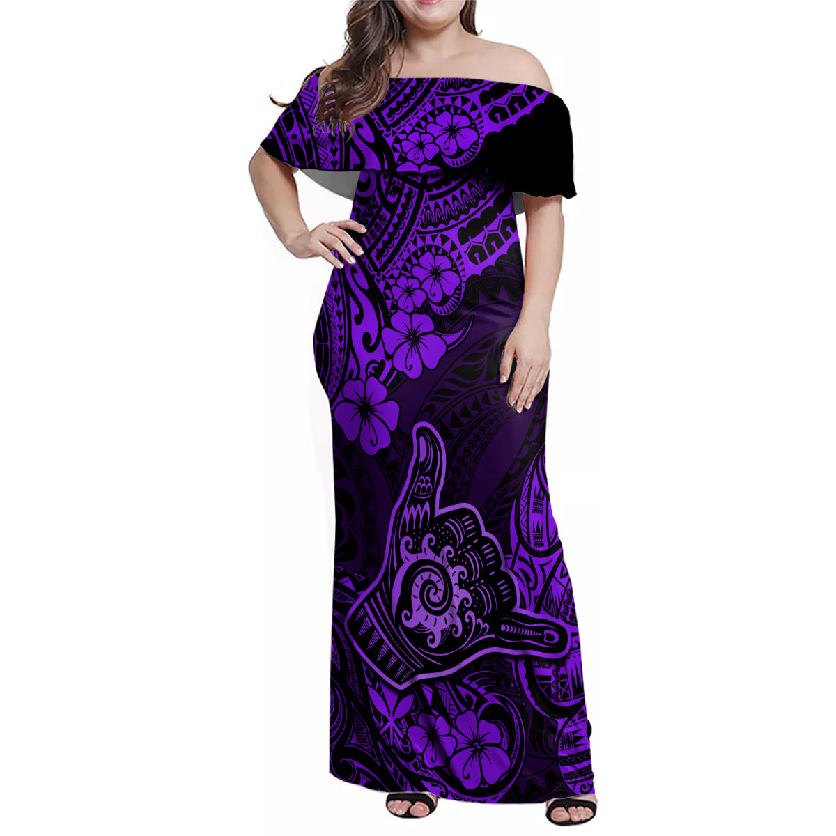 Hawaii Shaka Sign Family Matching Off Shoulder Maxi Dress and Hawaiian Shirt Polynesian Pattern Purple Version - Wonder Print Shop