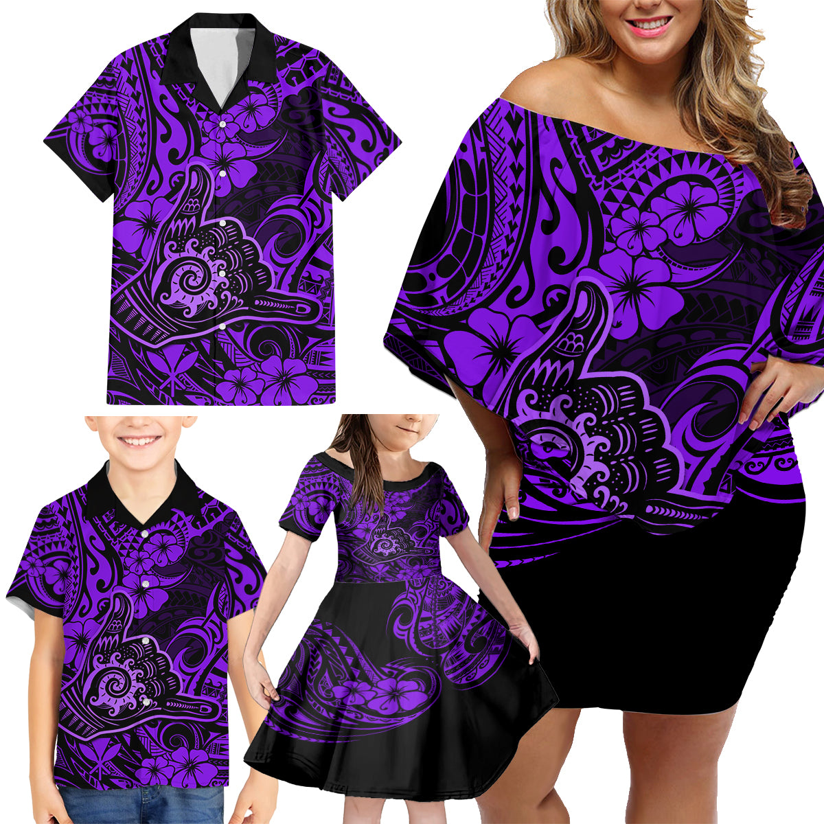 Hawaii Shaka Sign Family Matching Off Shoulder Short Dress and Hawaiian Shirt Polynesian Pattern Purple Version - Wonder Print Shop