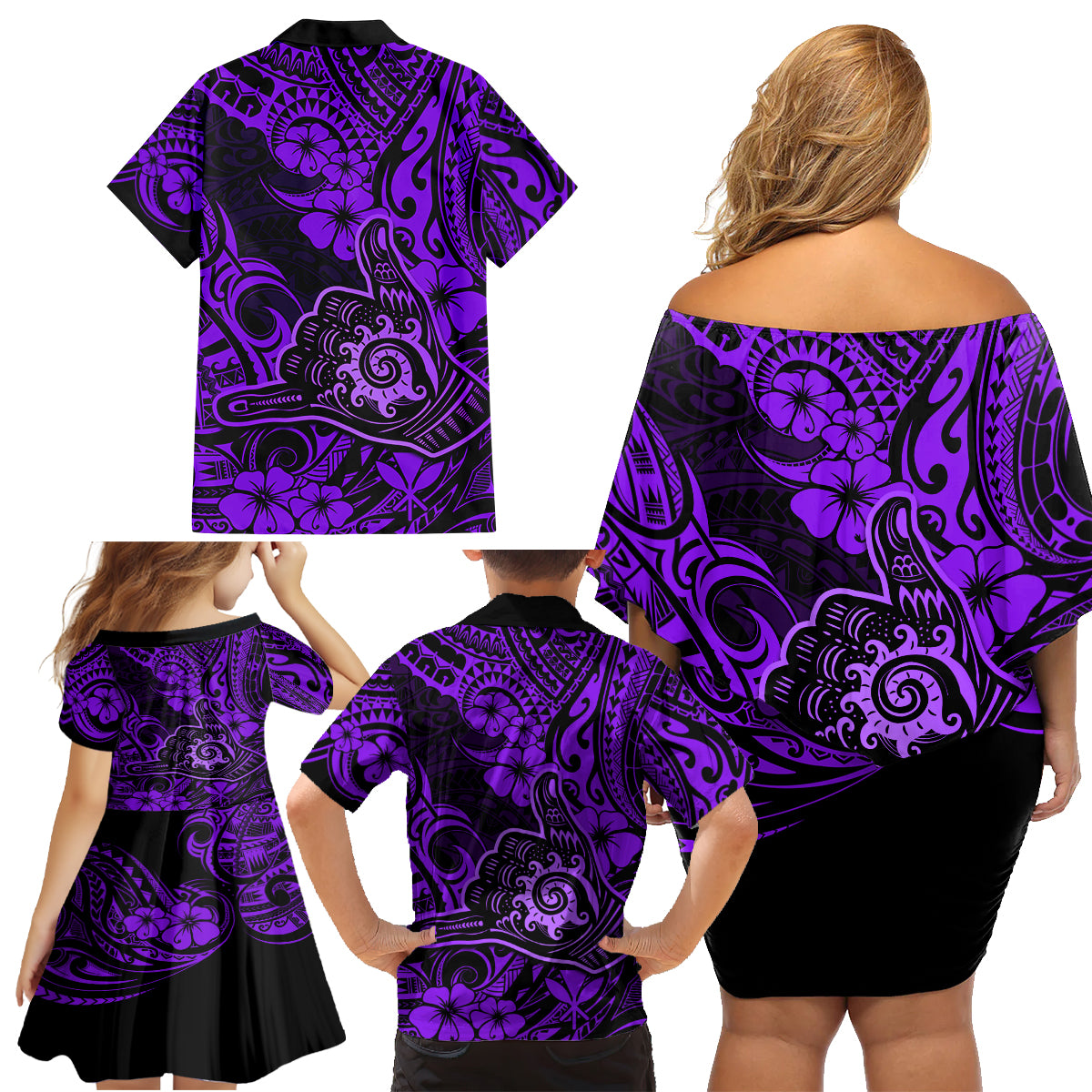 Hawaii Shaka Sign Family Matching Off Shoulder Short Dress and Hawaiian Shirt Polynesian Pattern Purple Version - Wonder Print Shop
