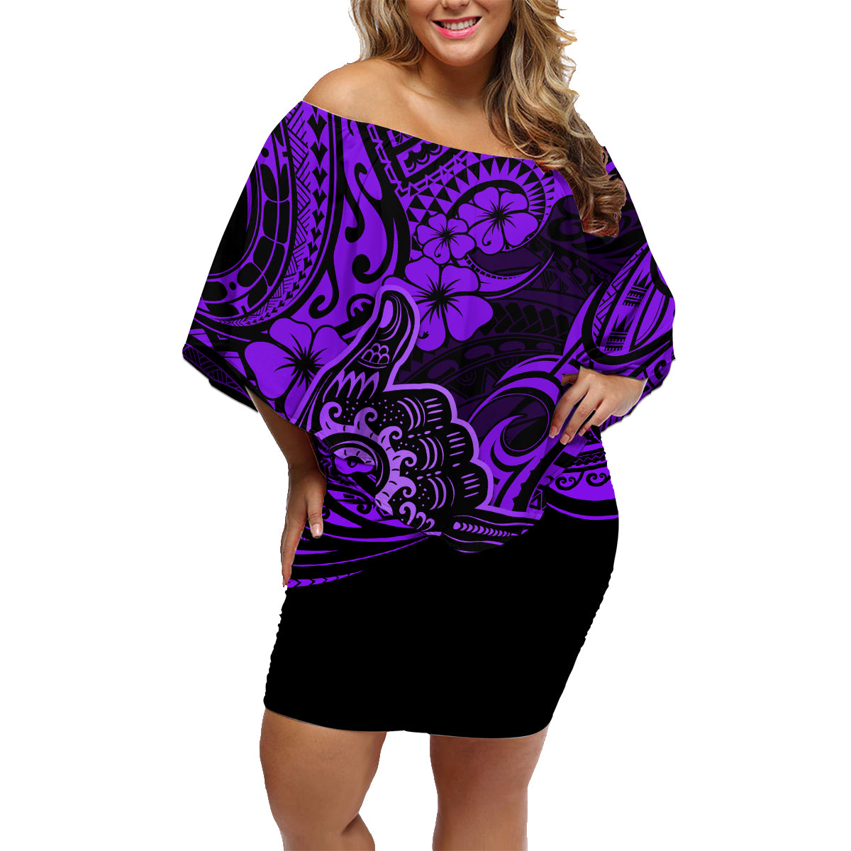 Hawaii Shaka Sign Family Matching Off Shoulder Short Dress and Hawaiian Shirt Polynesian Pattern Purple Version - Wonder Print Shop