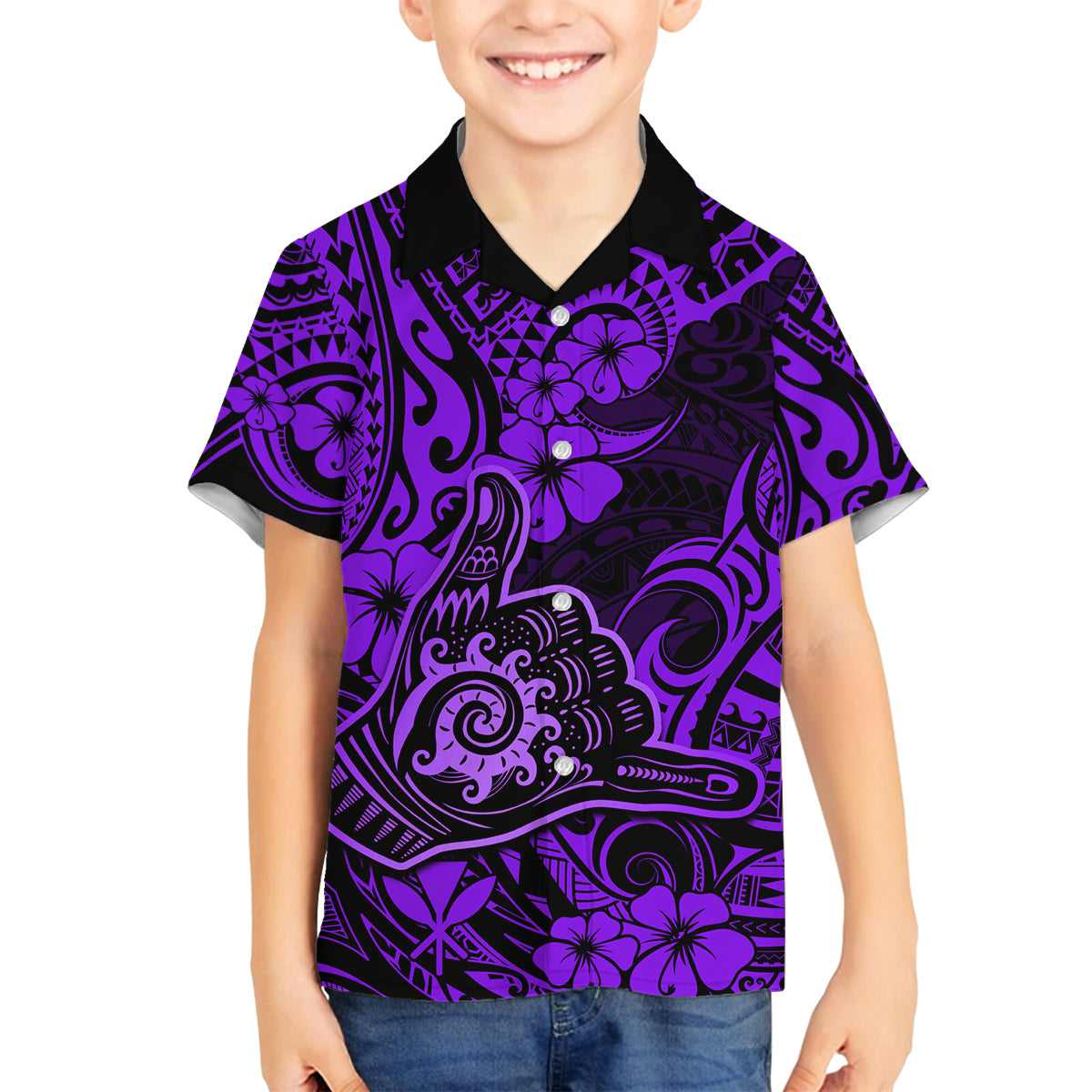 Hawaii Shaka Sign Family Matching Off Shoulder Short Dress and Hawaiian Shirt Polynesian Pattern Purple Version - Wonder Print Shop