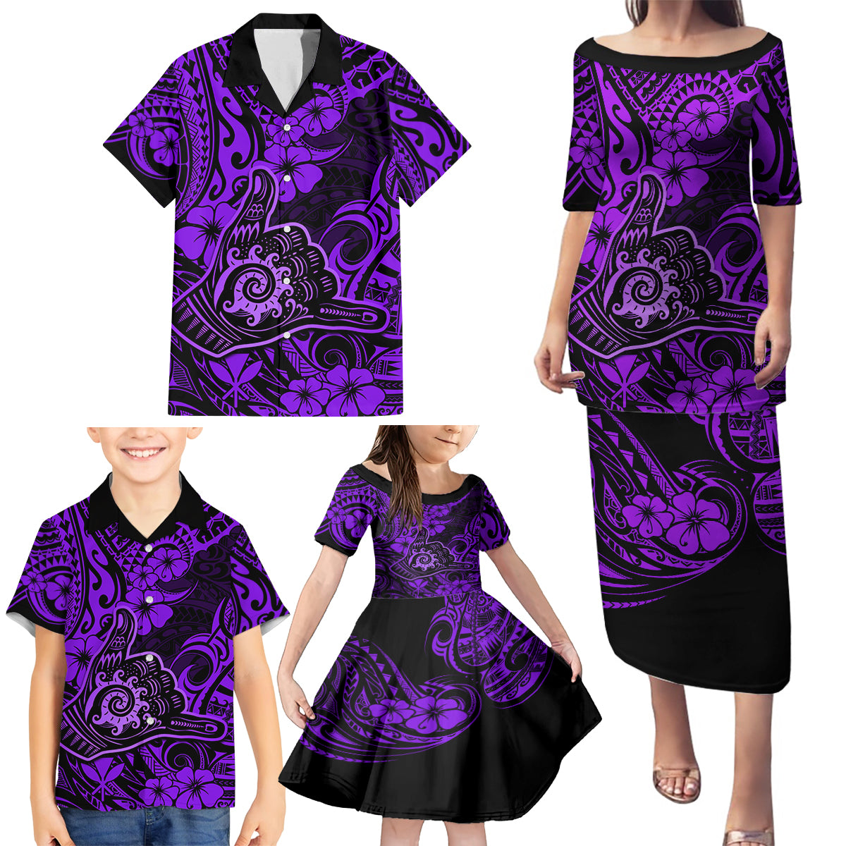 Hawaii Shaka Sign Family Matching Puletasi Dress and Hawaiian Shirt Polynesian Pattern Purple Version - Wonder Print Shop