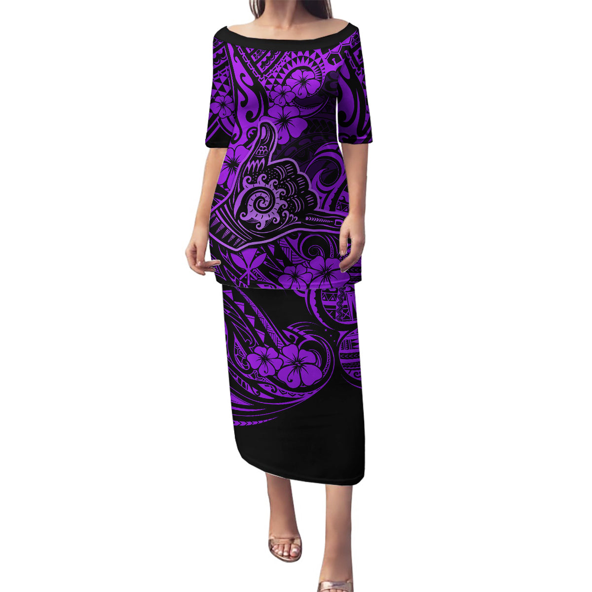 Hawaii Shaka Sign Family Matching Puletasi Dress and Hawaiian Shirt Polynesian Pattern Purple Version - Wonder Print Shop