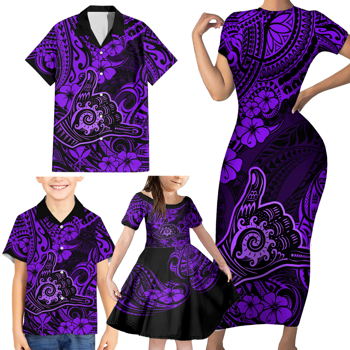 Hawaii Shaka Sign Family Matching Short Sleeve Bodycon Dress and Hawaiian Shirt Polynesian Pattern Purple Version - Wonder Print Shop