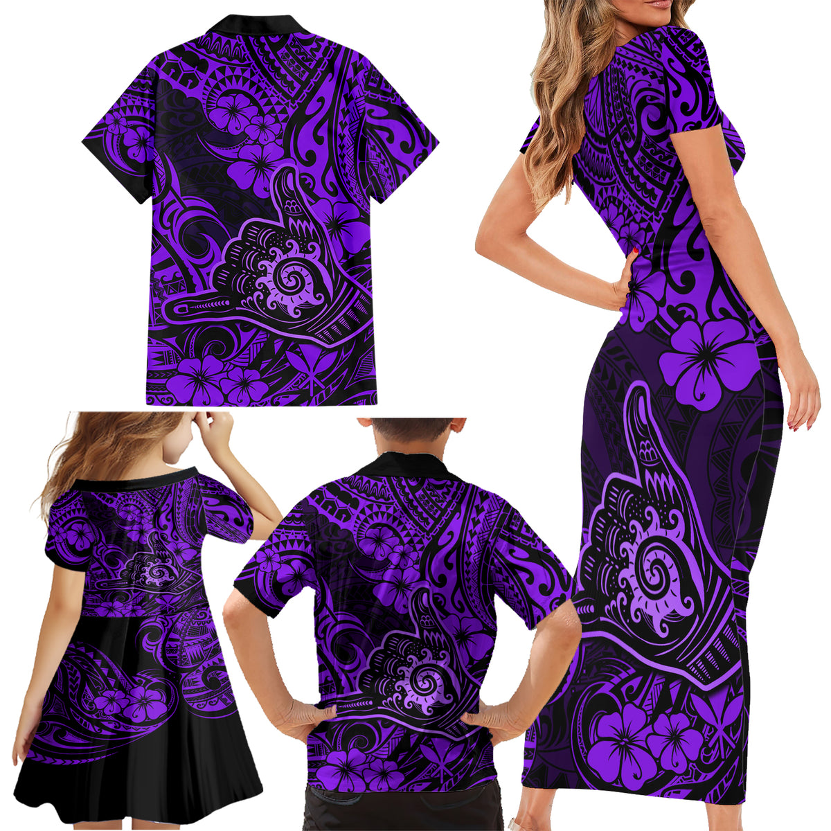 Hawaii Shaka Sign Family Matching Short Sleeve Bodycon Dress and Hawaiian Shirt Polynesian Pattern Purple Version - Wonder Print Shop