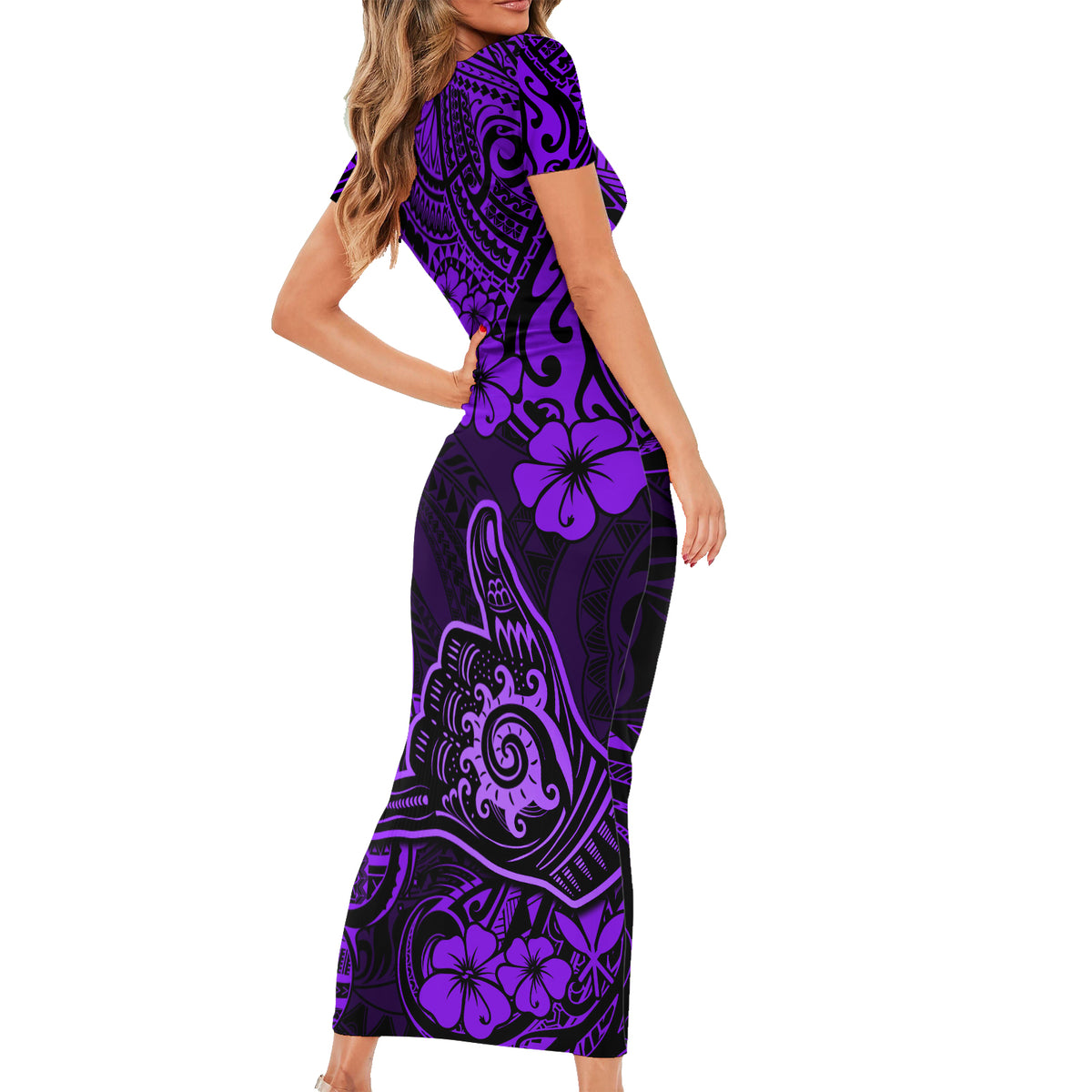 Hawaii Shaka Sign Family Matching Short Sleeve Bodycon Dress and Hawaiian Shirt Polynesian Pattern Purple Version - Wonder Print Shop