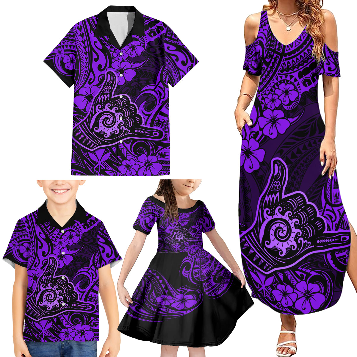 Hawaii Shaka Sign Family Matching Summer Maxi Dress and Hawaiian Shirt Polynesian Pattern Purple Version - Wonder Print Shop