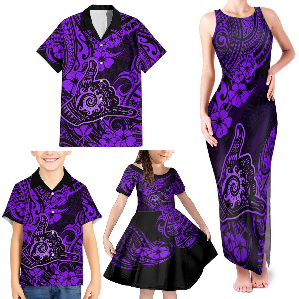 Hawaii Shaka Sign Family Matching Tank Maxi Dress and Hawaiian Shirt Polynesian Pattern Purple Version - Wonder Print Shop