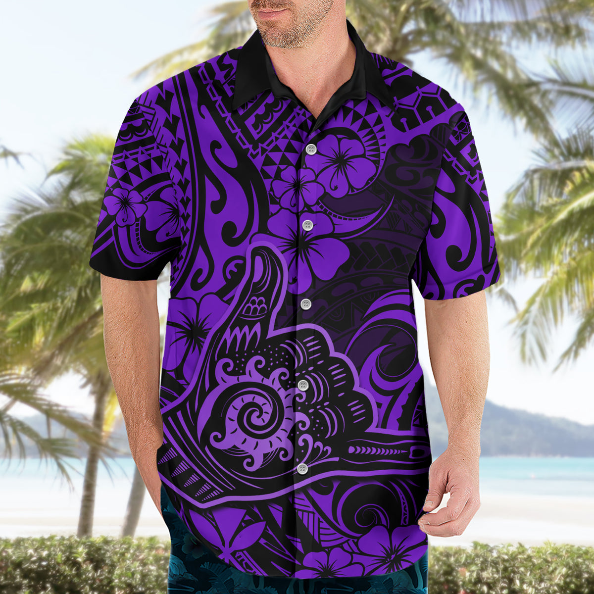 Hawaii Shaka Sign Hawaiian Shirt Polynesian Pattern Purple Version - Wonder Print Shop
