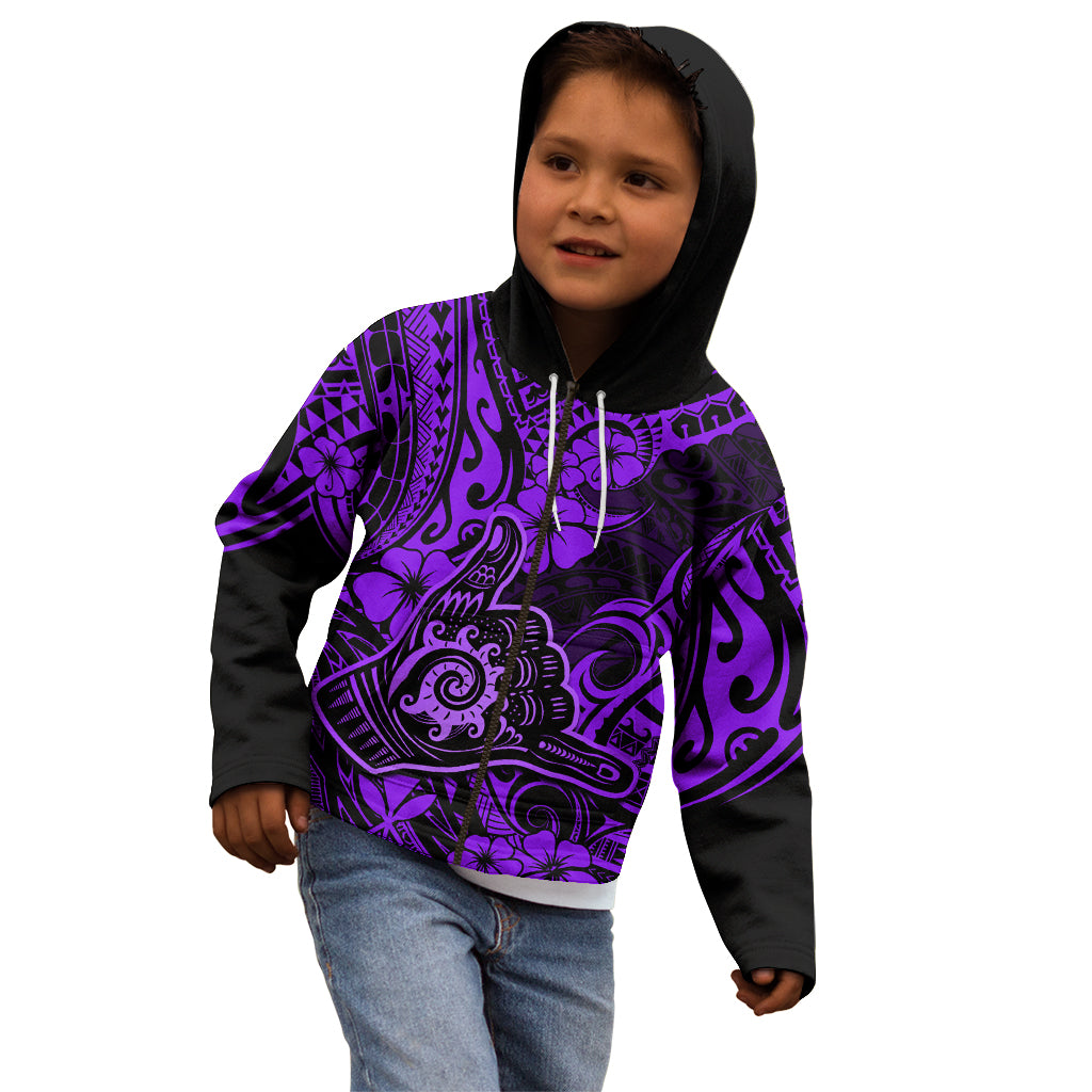 Hawaii Shaka Sign Kid Hoodie Polynesian Pattern Purple Version - Wonder Print Shop