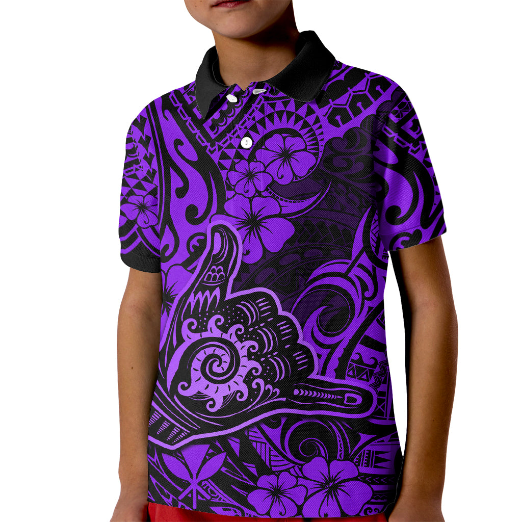 Hawaii Shaka Sign Kid Polo Shirt Polynesian Pattern Purple Version - Wonder Print Shop