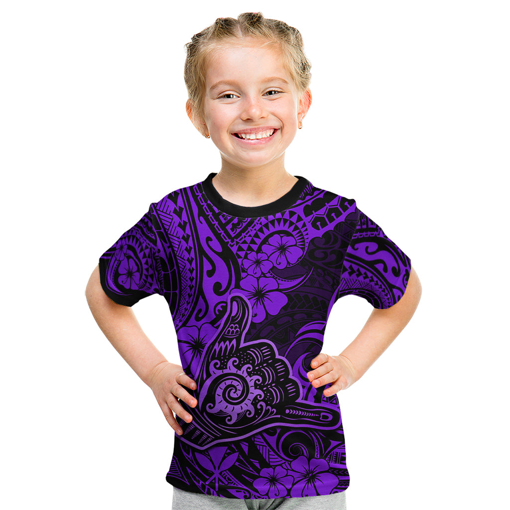 Hawaii Shaka Sign Kid T Shirt Polynesian Pattern Purple Version - Wonder Print Shop
