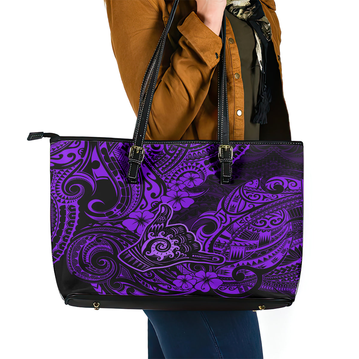 Hawaii Shaka Sign Leather Tote Bag Polynesian Pattern Purple Version - Wonder Print Shop