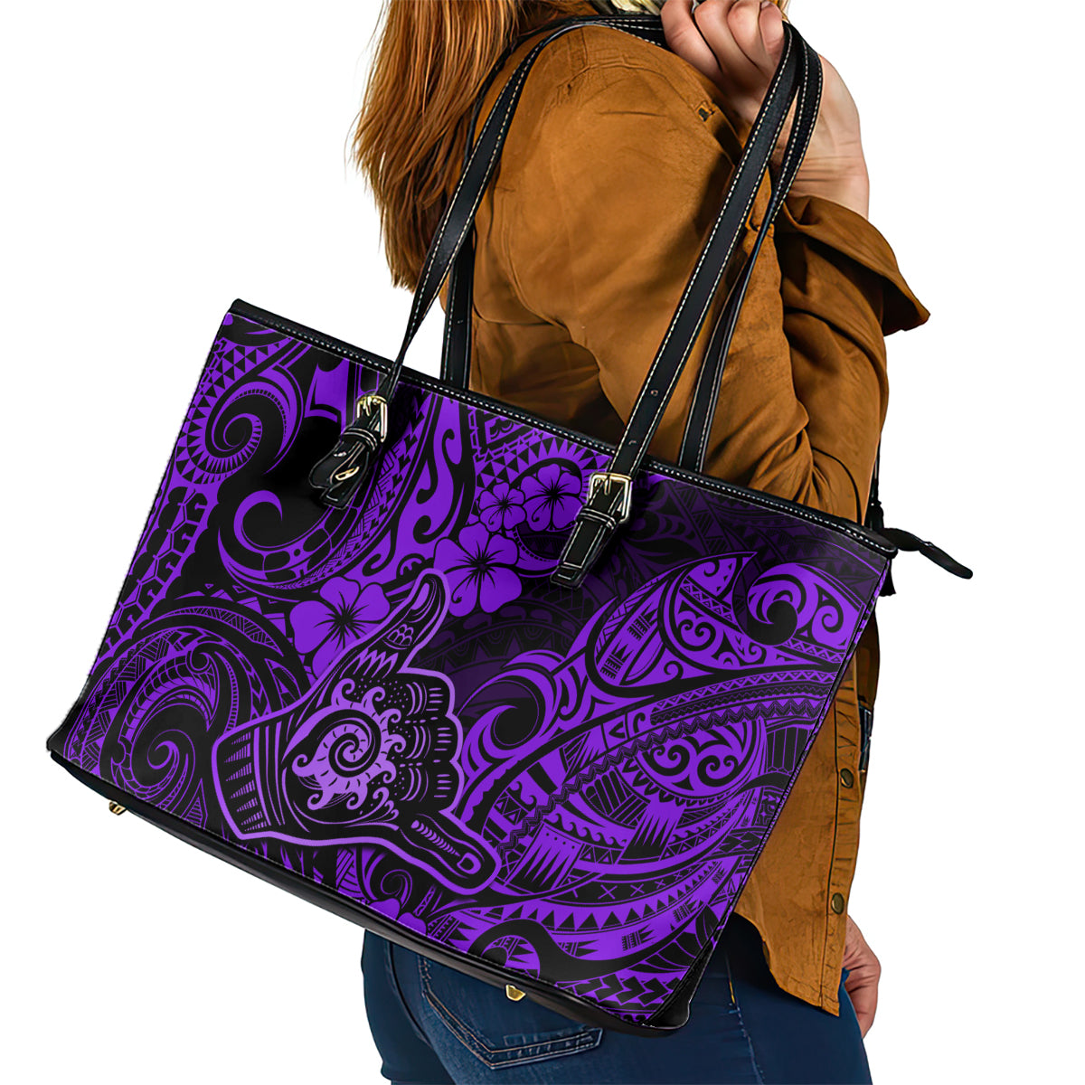 Hawaii Shaka Sign Leather Tote Bag Polynesian Pattern Purple Version - Wonder Print Shop