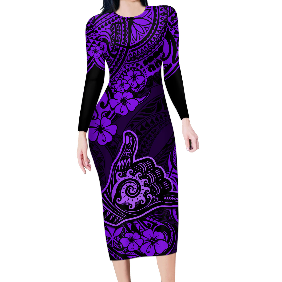 Hawaii Shaka Sign Long Sleeve Bodycon Dress Polynesian Pattern Purple Version - Wonder Print Shop