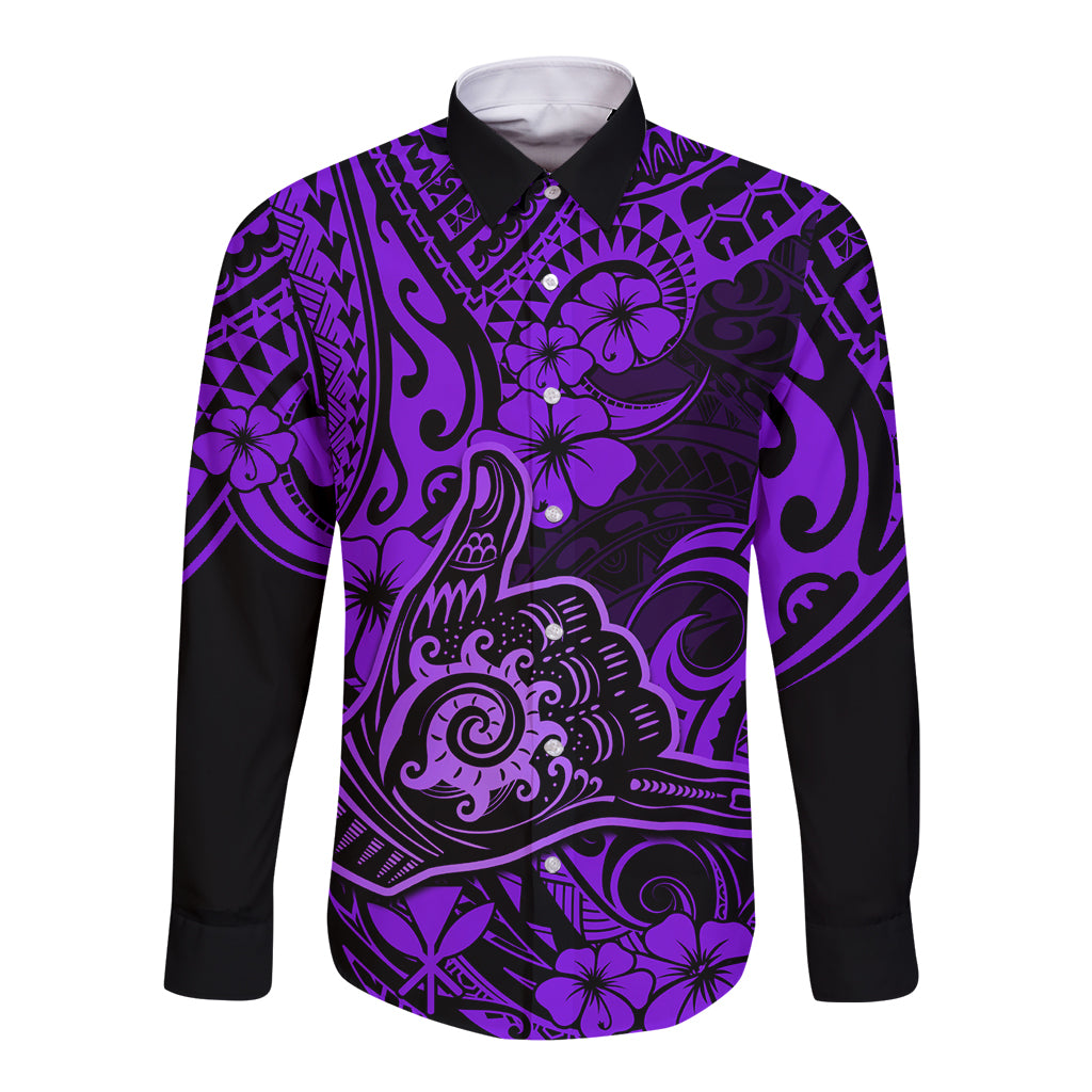 Hawaii Shaka Sign Long Sleeve Button Shirt Polynesian Pattern Purple Version - Wonder Print Shop