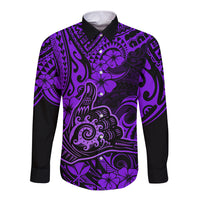 Hawaii Shaka Sign Long Sleeve Button Shirt Polynesian Pattern Purple Version - Wonder Print Shop