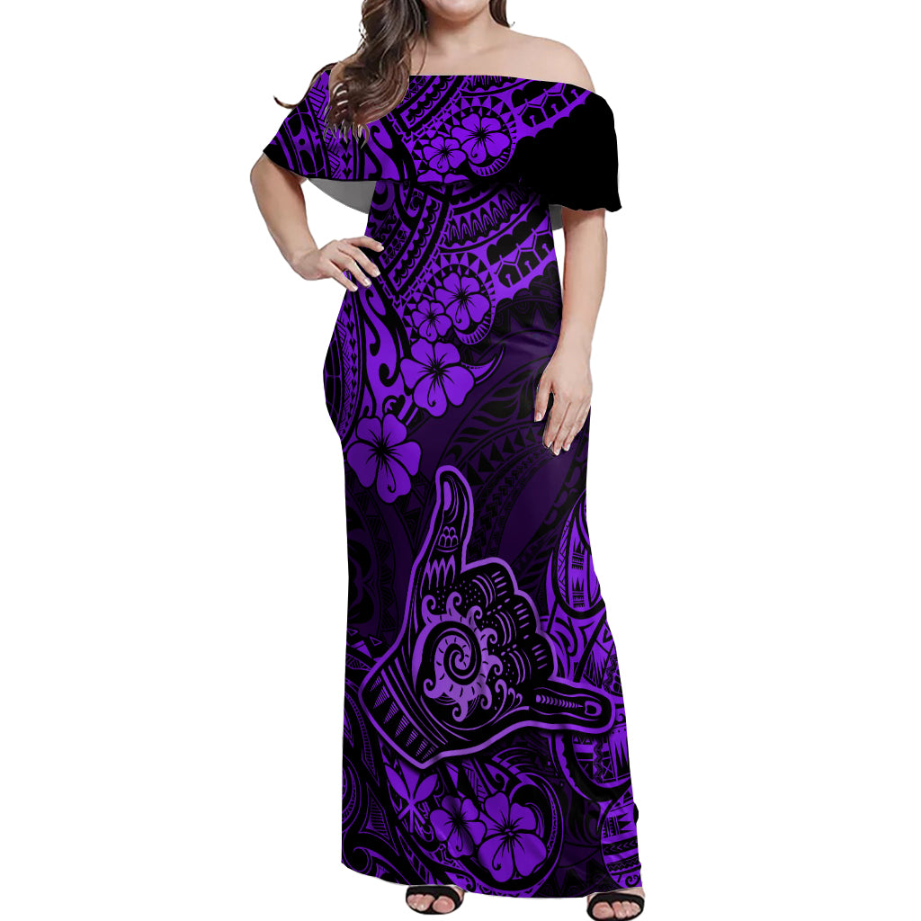 Hawaii Shaka Sign Off Shoulder Maxi Dress Polynesian Pattern Purple Version - Wonder Print Shop