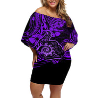 Hawaii Shaka Sign Off Shoulder Short Dress Polynesian Pattern Purple Version - Wonder Print Shop