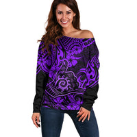 Hawaii Shaka Sign Off Shoulder Sweater Polynesian Pattern Purple Version - Wonder Print Shop