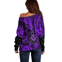 Hawaii Shaka Sign Off Shoulder Sweater Polynesian Pattern Purple Version - Wonder Print Shop