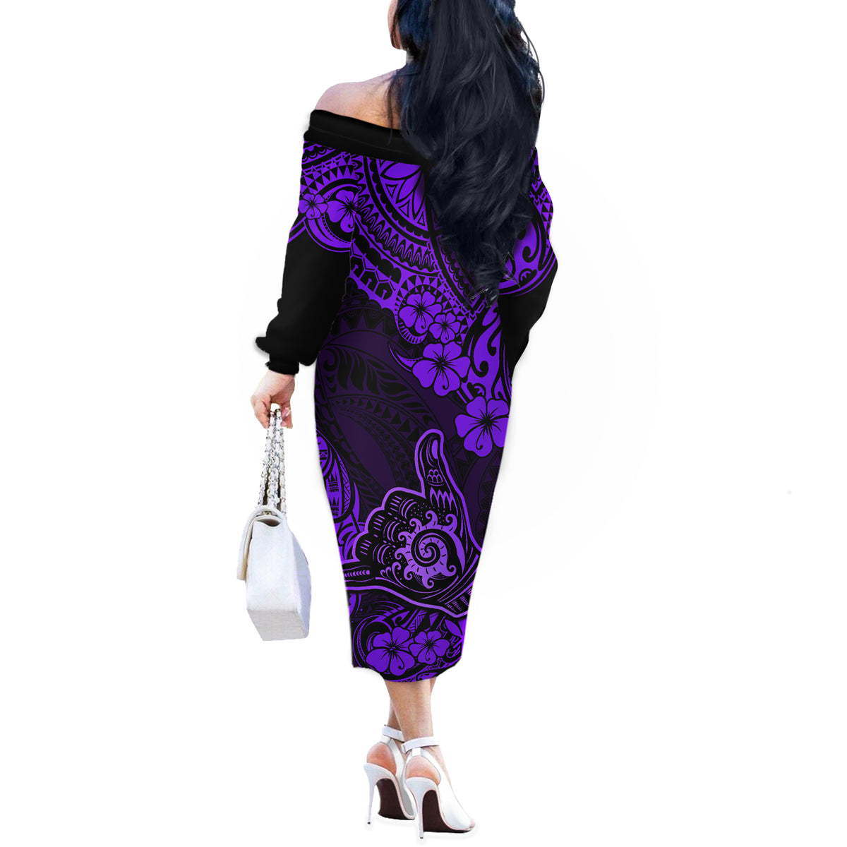 Hawaii Shaka Sign Off The Shoulder Long Sleeve Dress Polynesian Pattern Purple Version - Wonder Print Shop