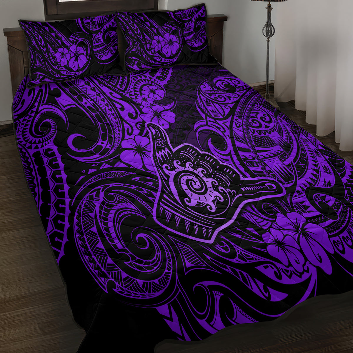 Hawaii Shaka Sign Quilt Bed Set Polynesian Pattern Purple Version - Wonder Print Shop