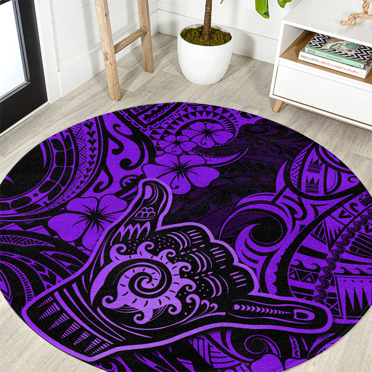 hawaii-shaka-sign-round-carpet-polynesian-pattern-purple-version