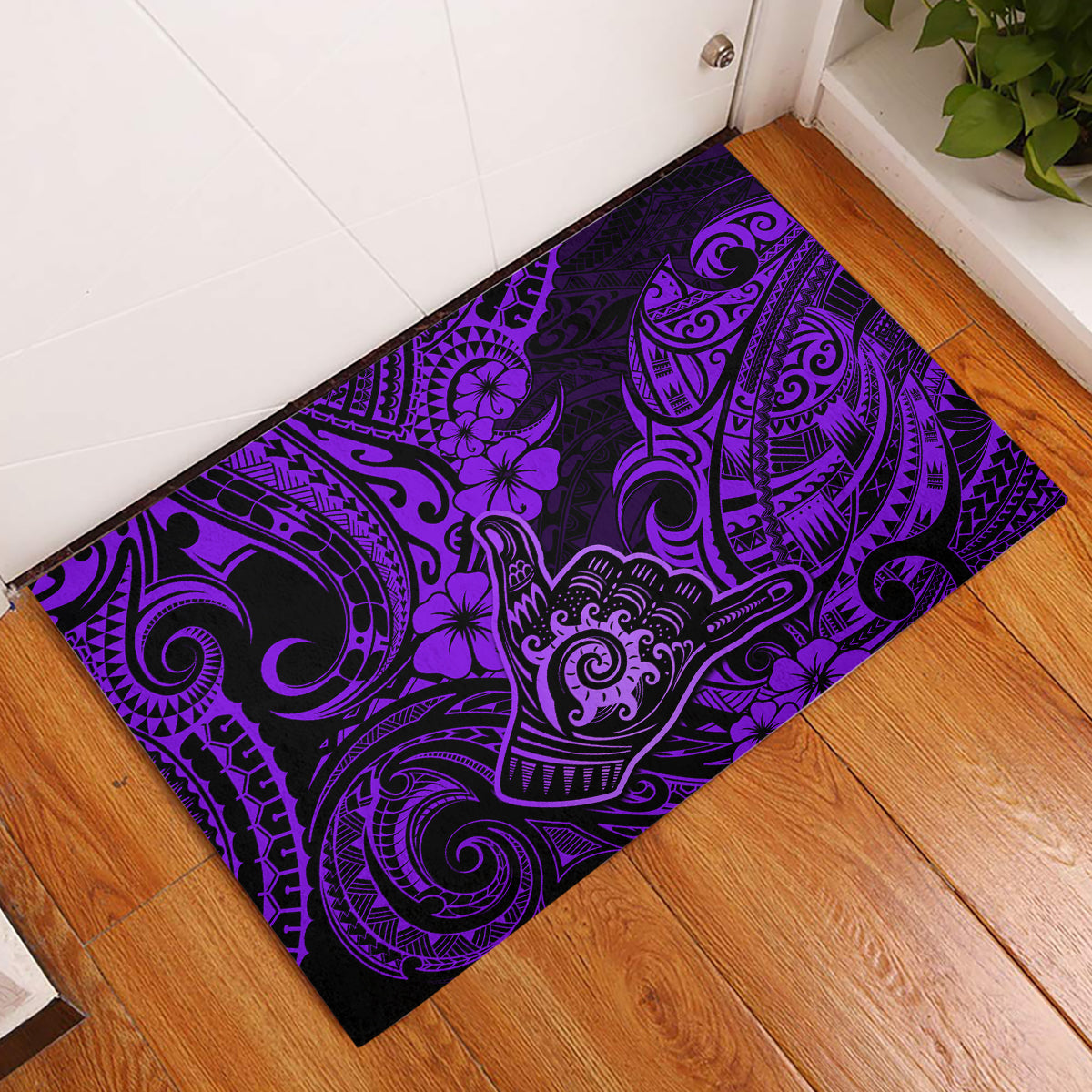Hawaii Shaka Sign Rubber Doormat Polynesian Pattern Purple Version - Wonder Print Shop