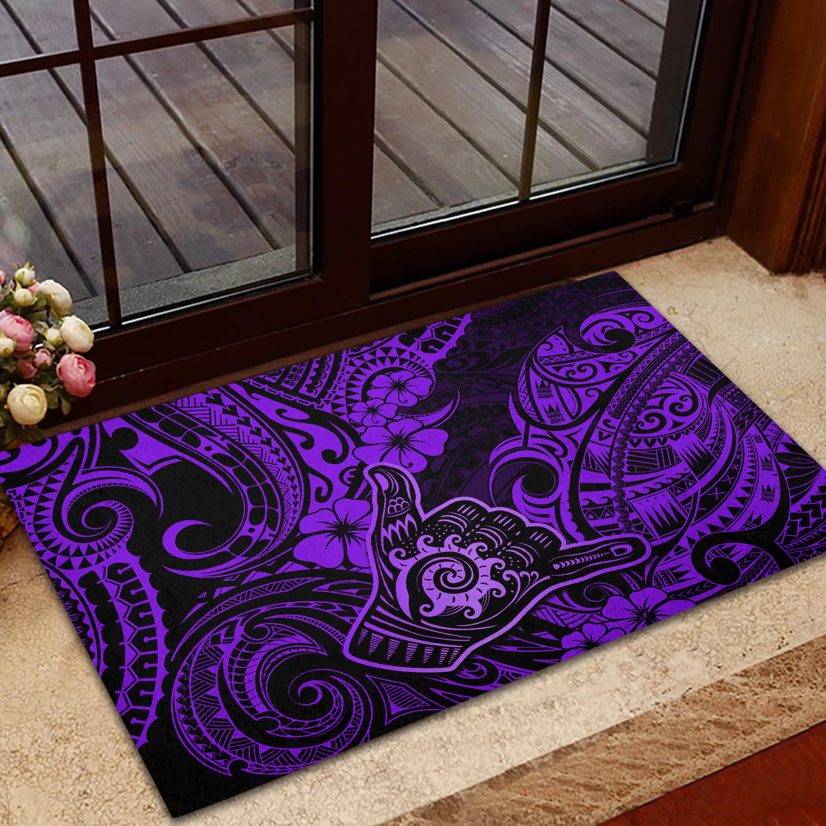 Hawaii Shaka Sign Rubber Doormat Polynesian Pattern Purple Version - Wonder Print Shop