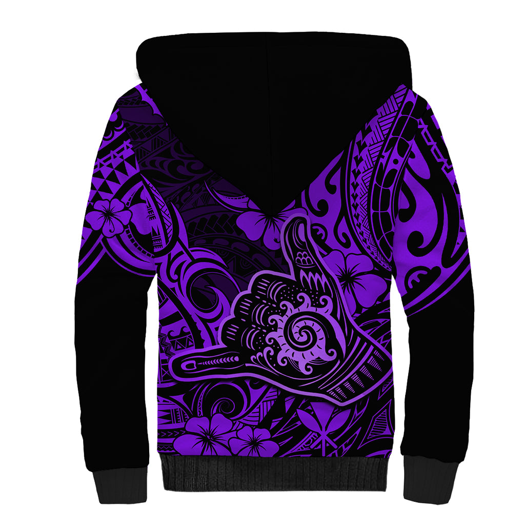 Hawaii Shaka Sign Sherpa Hoodie Polynesian Pattern Purple Version - Wonder Print Shop